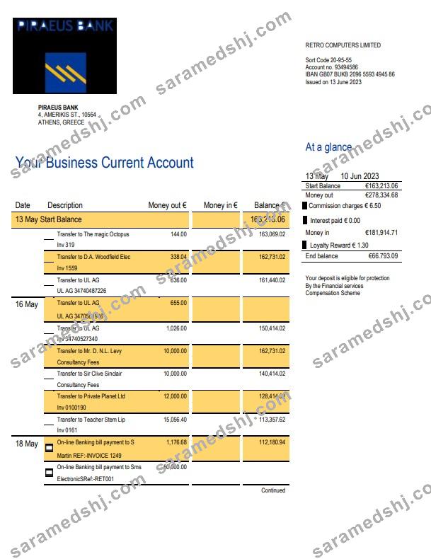 Piraeus Bank Business statement Word and PDF template